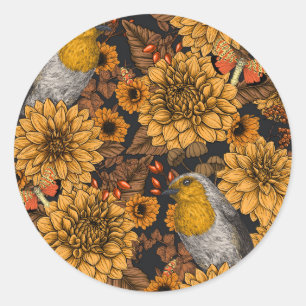 Robins in the autumn garden on black classic round sticker