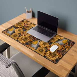 Robins in the autumn garden on black desk mat