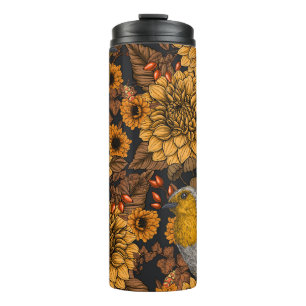 Robins in the autumn garden on black thermal tumbler