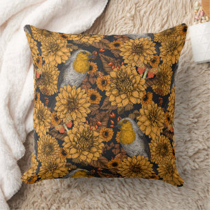 Robins in the autumn garden on black throw pillow