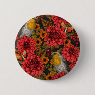 Robins in the autumn garden, red dahlias on black 2 inch round button