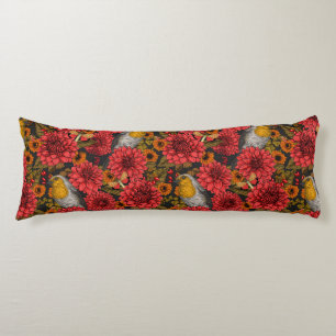 Robins in the autumn garden, red dahlias on black body pillow
