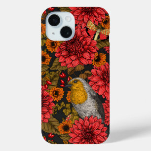 Robins in the autumn garden, red dahlias on black iPhone 15 case