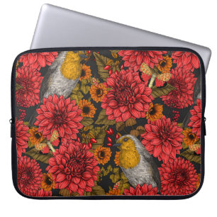 Robins in the autumn garden, red dahlias on black laptop sleeve