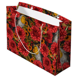 Robins in the autumn garden, red dahlias on black large gift bag