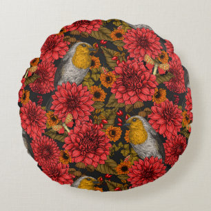 Robins in the autumn garden, red dahlias on black round pillow