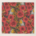 Robins in the autumn garden, red dahlias on black scarf<br><div class="desc">Hand-drawn seamless pattern with robin birds,  moths,  dahlia flowers,  calendula and various berries and leaves</div>
