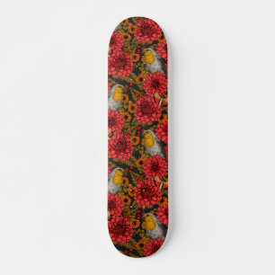 Robins in the autumn garden, red dahlias on black skateboard