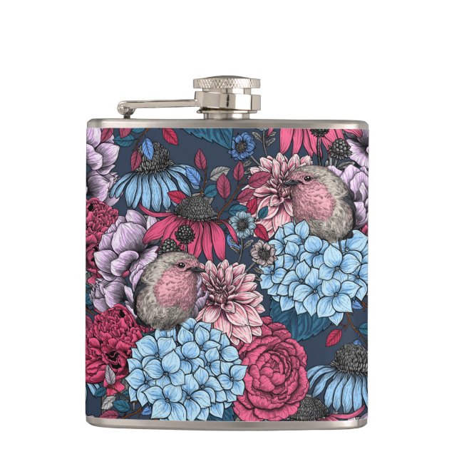 Robins in the garden 3 hip flask (Front)