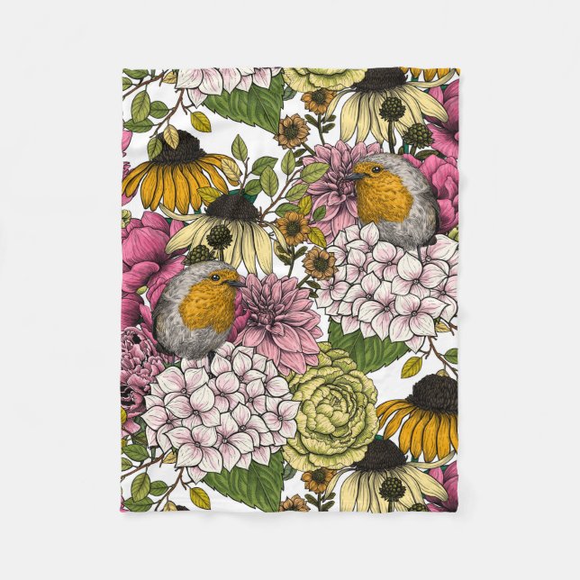 Robins in the garden fleece blanket (Front)