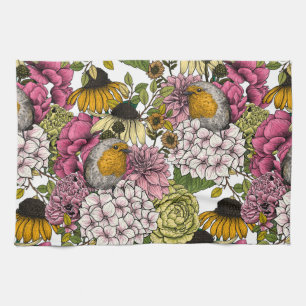 Robins in the garden kitchen towel