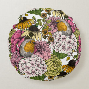 Robins in the garden round pillow