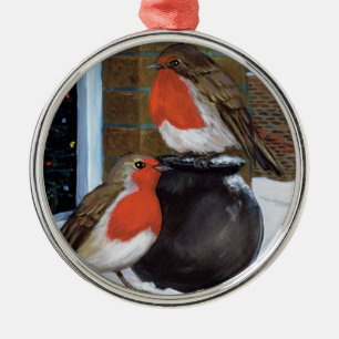 Robins in the snow metal ornament