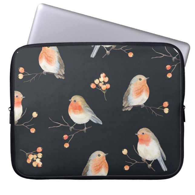Robins, rowan berries, winter watercolor pattern. laptop sleeve (Front)
