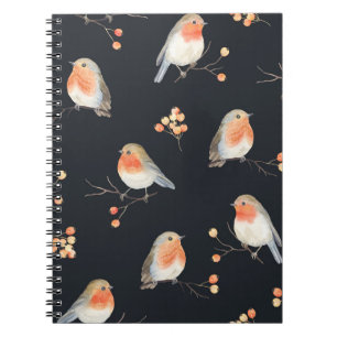 Robins, rowan berries, winter watercolor pattern. notebook