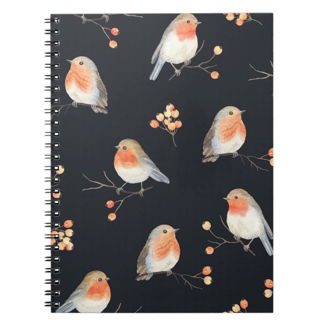 Robins, rowan berries, winter watercolor pattern. notebook (Front)