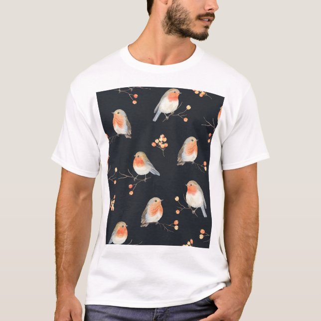 Robins, rowan berries, winter watercolor pattern. T-Shirt (Front)