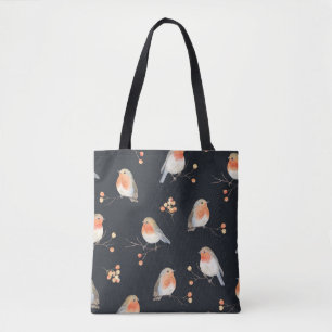 Robins, rowan berries, winter watercolor pattern. tote bag