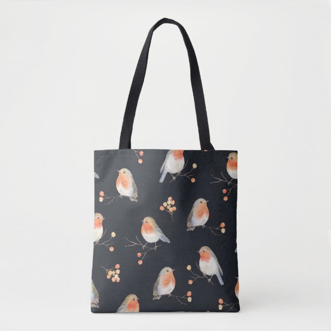 Robins, rowan berries, winter watercolor pattern. tote bag (Front)