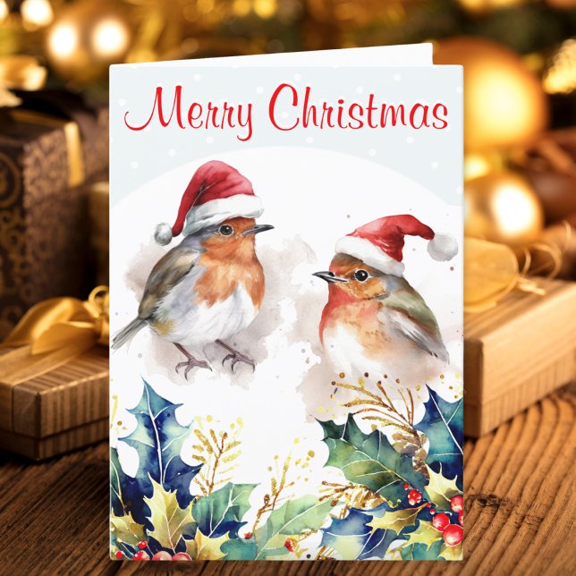 Robins Winter Snow Holly Merry Christmas Holiday Card (A traditional Christmas card in nostalgic style, with two winter robins in the snow with holly)