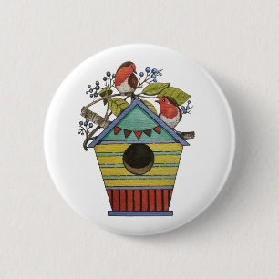 Robins With Blueberries And Birdhouse 2 Inch Round Button