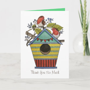Robins With Blueberries And Birdhouse Art Card