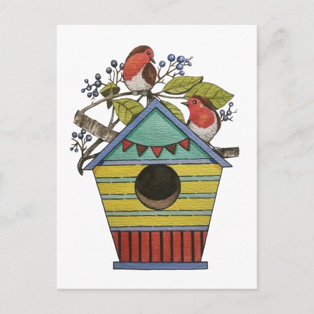 Robins With Blueberries And Birdhouse Art Postcard (Front)