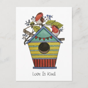 Robins With Blueberries And Birdhouse Art Postcard