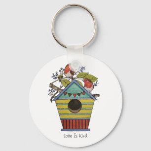 Robins With Blueberries And Birdhouse Keychain