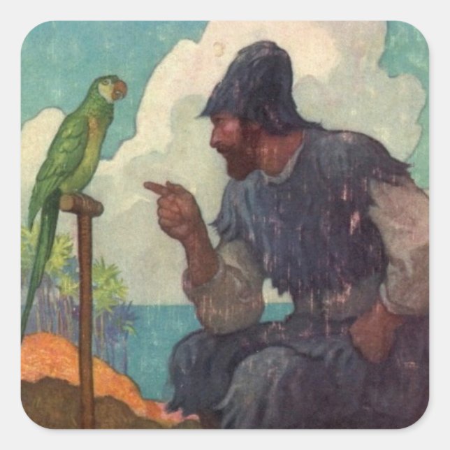 Robinson Crusoe and Parrot Poll Square Sticker (Front)
