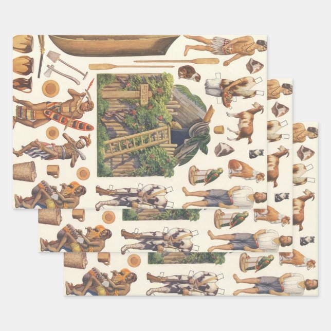 Robinson Crusoe, Jouets Vintages en papier victori (Lot)