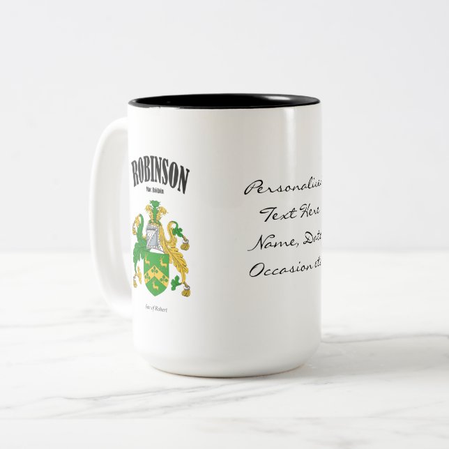 Robinson Family Crest, Translation & Meaning Two-Tone Coffee Mug (Front Left)