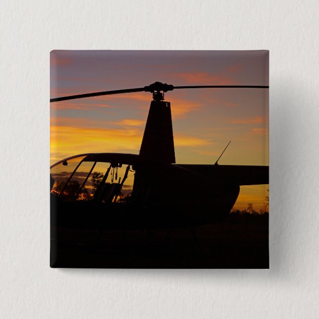 Robinson R44 helicopter at sunset 2 Inch Square Button (Front)