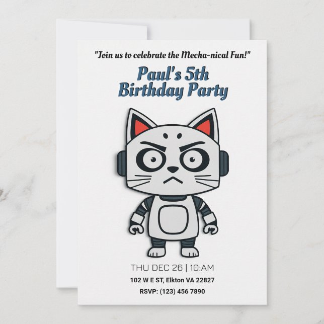 Robo Cat Birthday Party - Futuristic Feline Fun Invitation (Front)