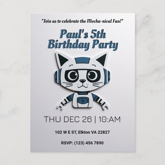 Robo Cat Birthday Party - Futuristic Feline Fun Postcard (Front)
