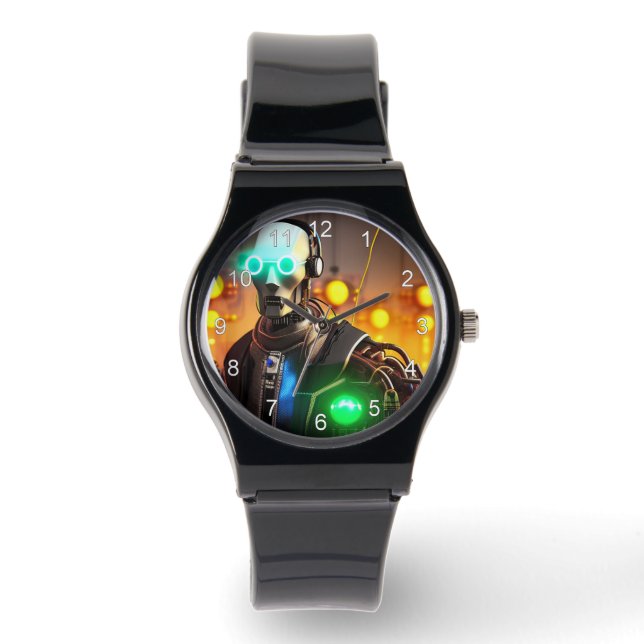 Robot 2 black silicone strap watch w numbers (Front)