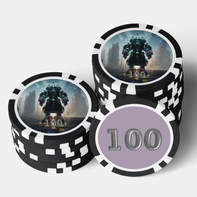 Robot 4 black 100 striped poker chip (Stack)