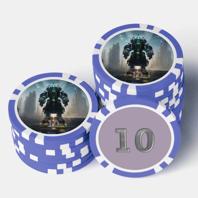 Robot 4 blue 10 striped poker chip (Stack)