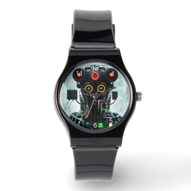 Robot 5 black silicone strap watch w numbers (Front)