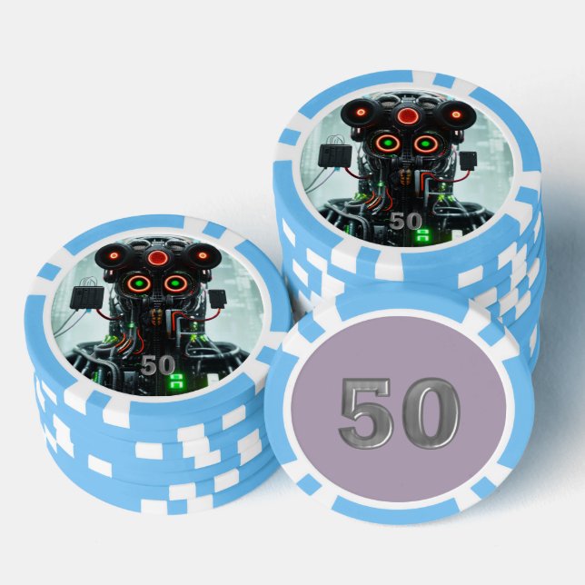 Robot 5 light blue 50 striped poker chip (Stack)