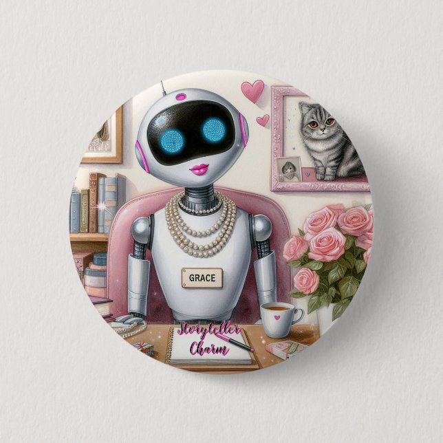 Robot AI Stoyteller Charm Loves Pink Lipstick  2 Inch Round Button (Front)