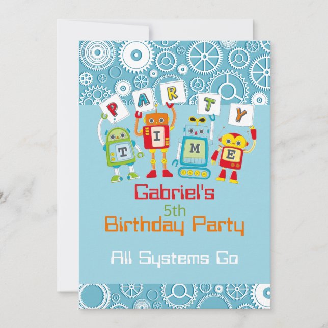 Robot and Gear Child's Birthday Party Invitation (Front)