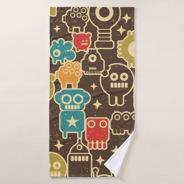 Robot and monsters modern seamless pattern in retr bath towel (Bath Towel)