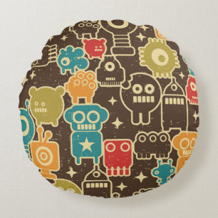 Robot and monsters modern seamless pattern in retr round pillow