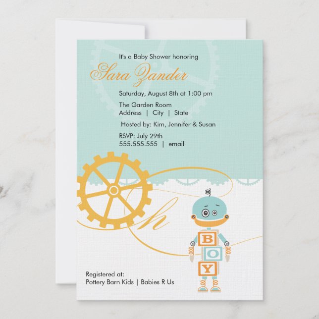 Robot Baby Shower Invitations  |  Boy (Front)