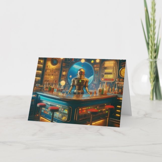 Robot Bartender in Interstellar Space Age Dive Bar Card (Front)