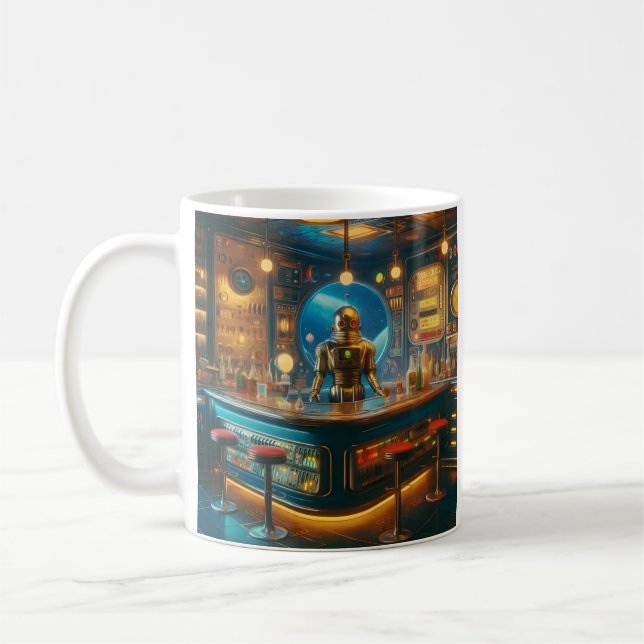 Robot Bartender in Interstellar Space Age Dive Bar Coffee Mug (Left)