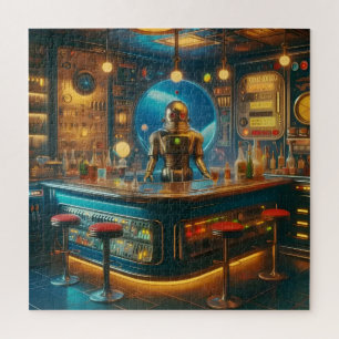 Robot Bartender in Interstellar Space Age Dive Bar Jigsaw Puzzle
