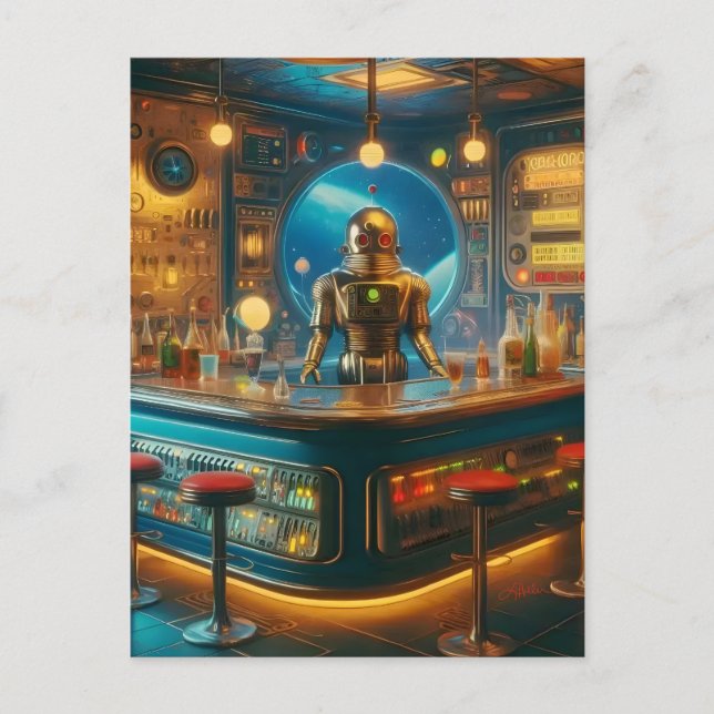 Robot Bartender in Interstellar Space Age Dive Bar Postcard (Front)