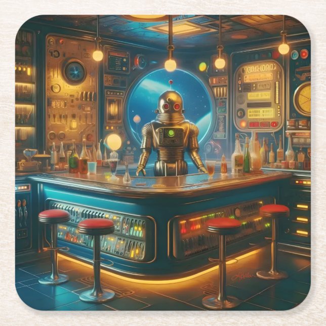 Robot Bartender in Interstellar Space Age Dive Bar Square Paper Coaster (Front)